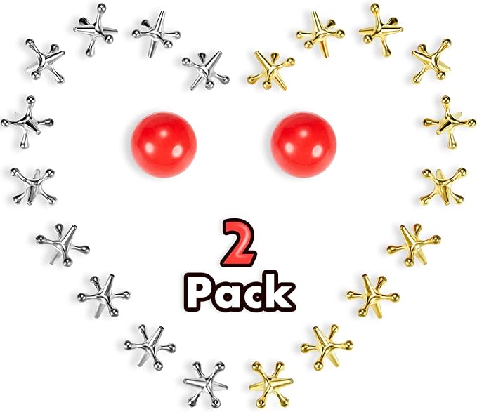 Gejoy 2 Sets Metal Jacks Game with Ball 2 Pieces Red Rubber Balls and 20 Pieces Classic Retro Vintage Jacks Toy for Kids and Adults for Christmas Birthday Party Game