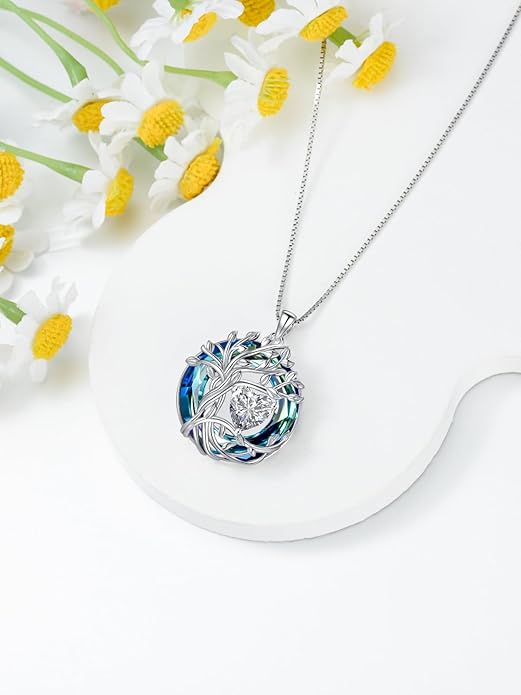 TOUPOP Tree of Life Birthstone Necklace 925 Sterling Silver Pendant Austrian Crystal Jewelry Anniversary Valentine's Day Birthday Gifts for Women Mom Her Wife