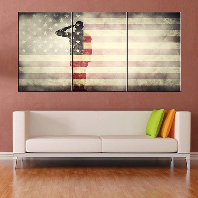 Native American Flag Picture Soldier Saluting Silhouette Paintings 3 Piece Canvas Wall Art for Living Room Stars Stripes Artwork Home Decor Giclee Framed Ready to Hang Posters and Prints(60''Wx 28''H)