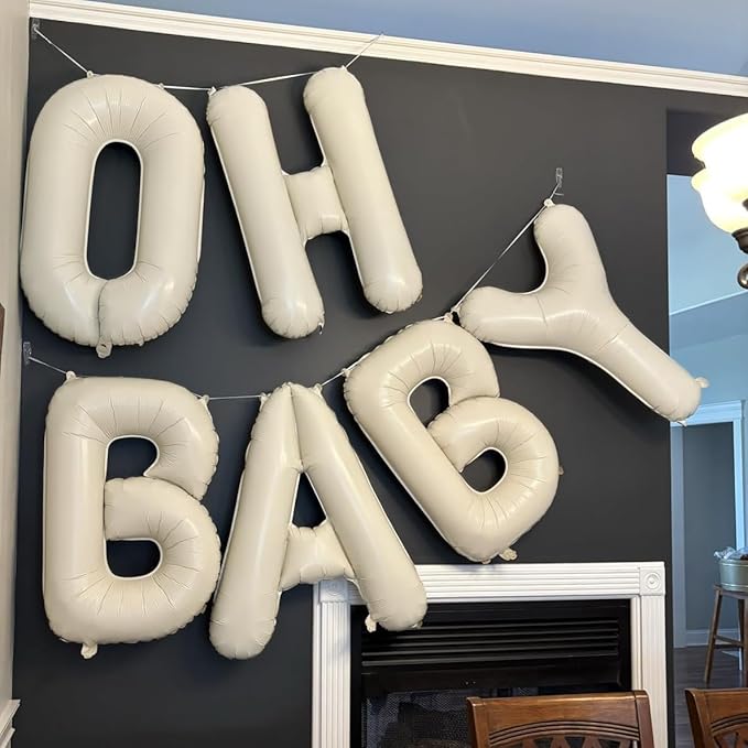 40 Inch Beige OH BABY Balloon for Baby Shower, Large Cream White Oh Baby Balloons Letters with Ribbon, Neutral Ivory Alphabet Oh Baby Balloon Banner Sign for Gender Reveal Backdrop Party Decorations