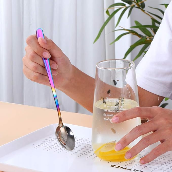 Buyer Star Long Handle Iced Tea Spoons Set of 6, 8 inch 18/10 Heavy Duty Coffee Spoon Sets for Mixing, Cocktail Stirring, Tea, Coffee, Milkshake, Cold Drink (Gradient Rainbow)
