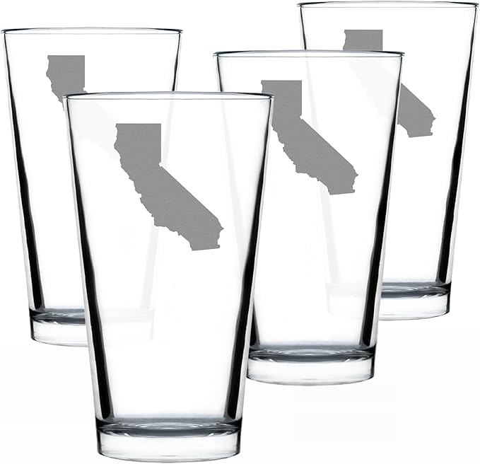 Bevvee California State Outline Pint Glass for Beer - State Themed Drinking Decor and Gifts for Californian Women & Men - Set of 4-16 Oz Glasses