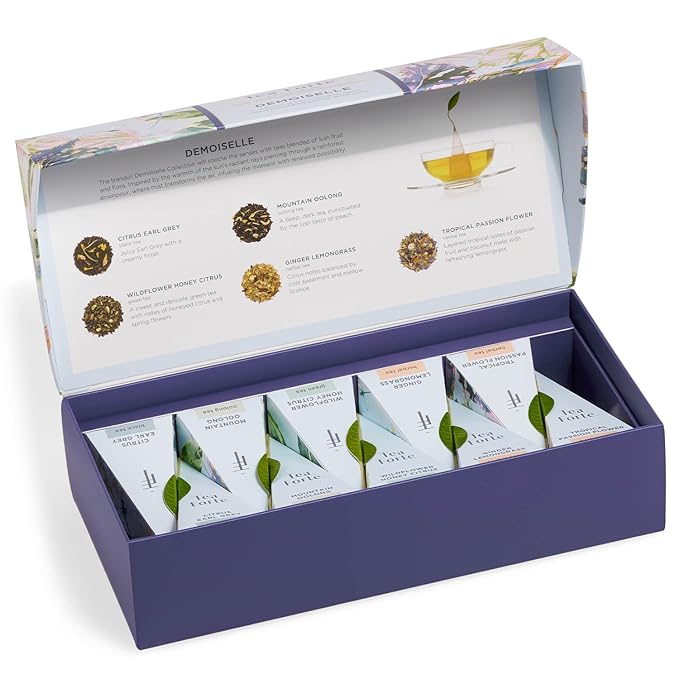 Tea Forte Premium Petite Presentation Box Gift Set Sampler, 10 Count, 2 of Each Blend Individually Wrapped Handcrafted Pyramid Infuser Bags, Demoiselle Tea