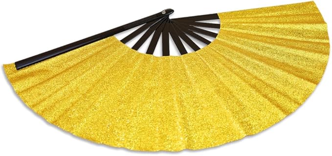 Large Gold Glitter Hand Fan - For Parties, Events, Raves, Indoor, Outdoor Use - 25" Wide Foldable Hand Fan