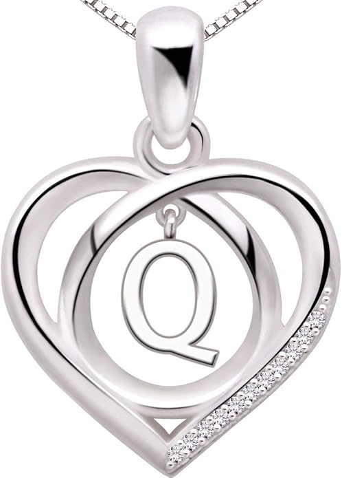 ALOV Jewelry Sterling Silver Initial Letter Alphabet Love Heart Cubic Zirconia Pendant Necklace