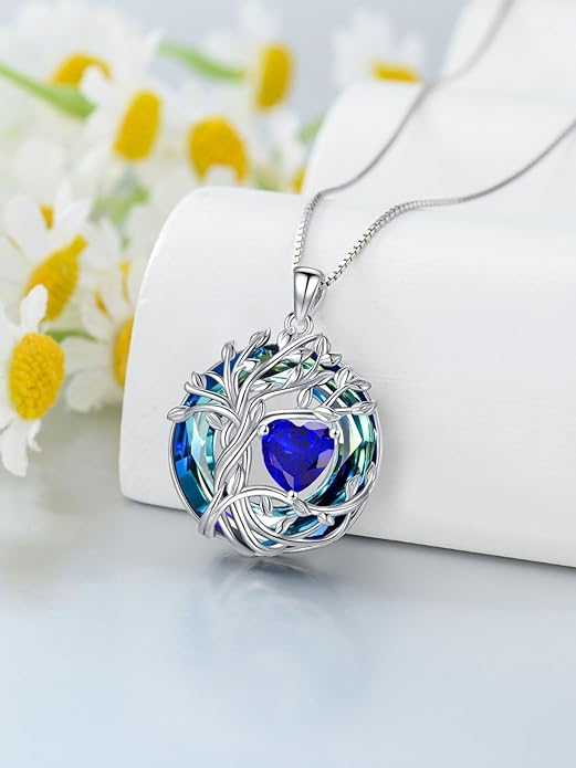 TOUPOP Tree of Life Birthstone Necklace 925 Sterling Silver Pendant Austrian Crystal Jewelry Anniversary Valentine's Day Birthday Gifts for Women Mom Her Wife