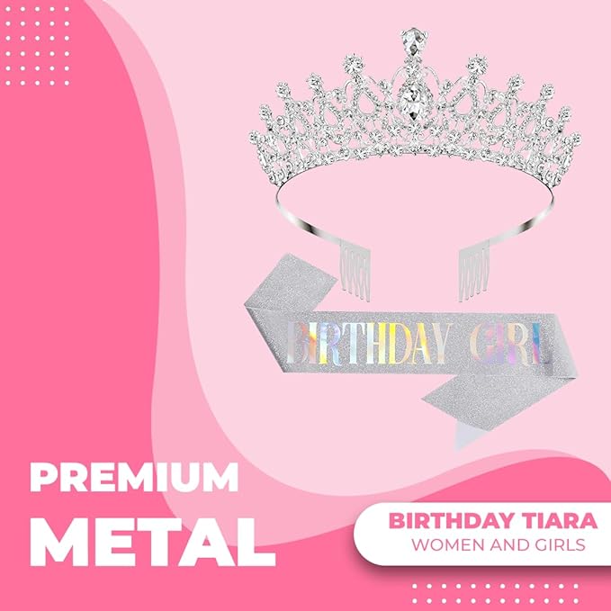 Birthday Tiara and Crown with Sash for Women, Hair Accessories for Wedding Party Costume (B - Silver)