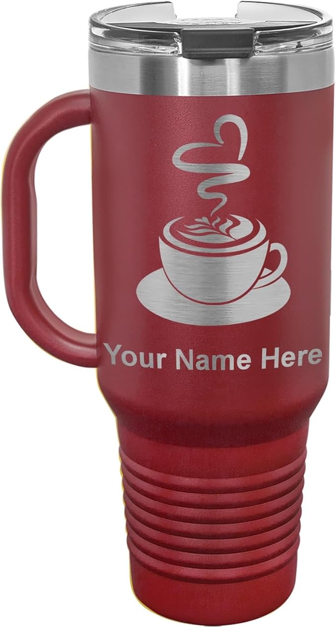 LaserGram 40oz Vacuum Insulated Travel Mug with Handle, Cup of Coffee, Personalized Engraving Included (Maroon)