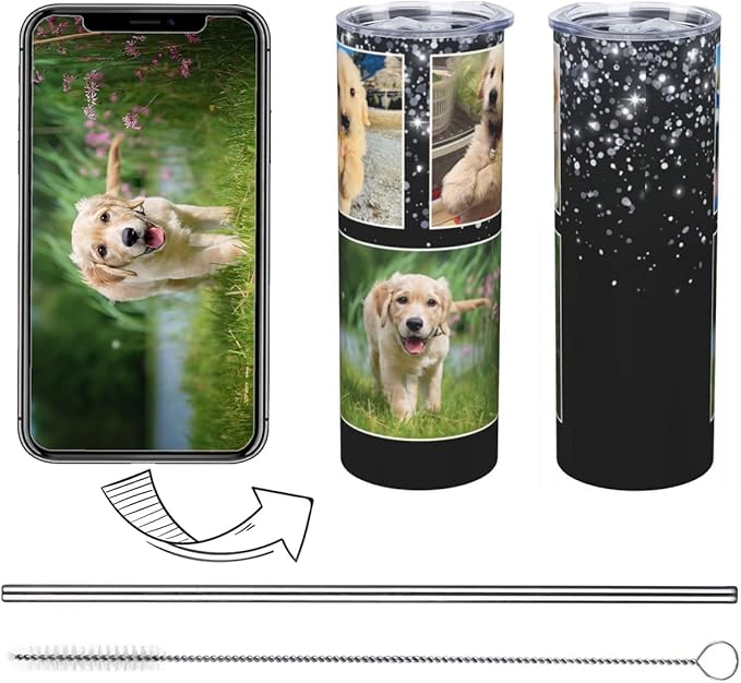 Personalized Custom tumbler Coffee Mug with Lid and Straw Hot and Cold Stainless Steel Vacuum Insulated Travel Mug with Photo Personalized tumbler Gift (20 oz, Cylinder，3 photos)