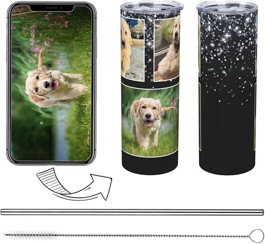 Personalized Custom tumbler Coffee Mug with Lid and Straw Hot and Cold Stainless Steel Vacuum Insulated Travel Mug with Photo Personalized tumbler Gift (20 oz, Cylinder，3 photos)