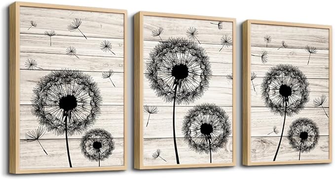 Framed Wall Art For Bedroom Wall Decor For Living Room Fashion Abstract Paintings Office Decor Black Dandelion Flowers Hang a Pictures Artwork Kitchen Home Decoration 3 Piece (Natural Wood Framed)