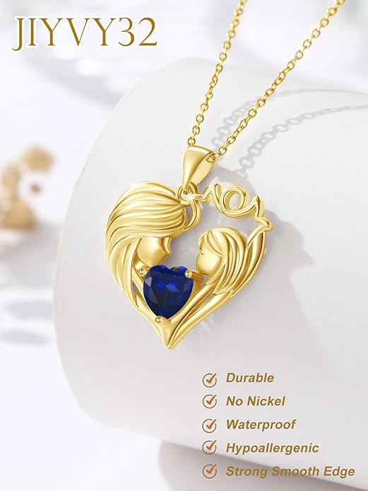 Mother and Daughter/Son Love Heart Necklace White Gold/14K Gold/Rose Gold Birthstone Jewelry Christmas Mothers Day Birthday Gifts For Mom Wife Grandma Women