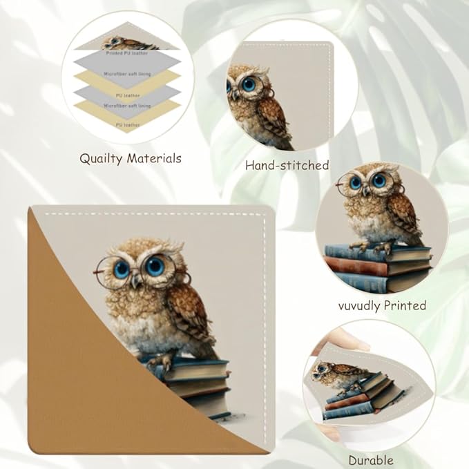 2PCS Leather Bookmarks 3.54 x 3.54 Inch Cute Owl with Glasses on Books Design Reading Accessories for Books Journals Bibles Travel Diary Students Teachers and Book Lovers Gift