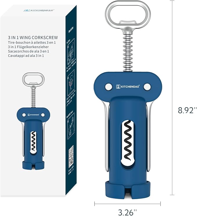 KITCHENDAO 3 in 1 Wing Corkscrew Wine Bottle Opener with Foil Cutter, Built-in Beer Bottle Opener, Multifunctional Wine Opener with Non-Stick Sharp Screw, Easy to Use, Manual Wine Corkscrew, Blue