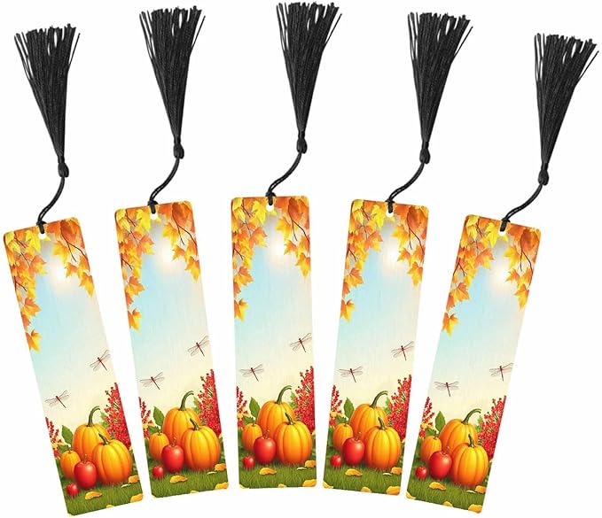Thanksgiving Bookmarks 5 Pcs Autumn Pumpkin Fruit Maple Leaves Wooden Bookmark with Tassels for Reading Book Lovers Gift Office School Readers Teacher