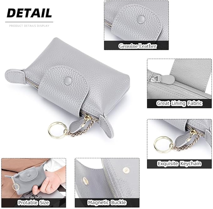 Genuine Leather Wallet Zipper Coin Purse Key Ring Card Organizer Compact Storage for Women (Grey)