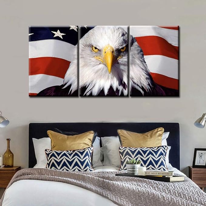 American Flag Wall Decor White Red Stripes Wall Art for Bedroom Canvas Prints Paintings Patriotic Artwork Bald Eagle Pictures Wooden House Decor Giclee Framed Stretched Ready to Hang(48''Wx24''H)