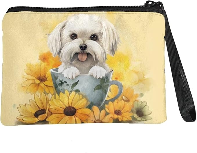 Dolyues Cute Dog Coin Purse for Women with Wrist Strap, Sunflower Wallet Travel Money Coin Bag Handbag Zipper Change Pouch