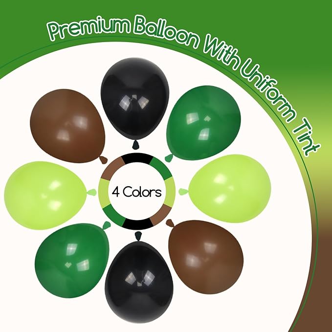 60pcs Green and Brown Balloons 12inch with Brown Black Dark Lime Green Balloons for Jungle Video Game Theme Baby Shower Birthday Party Decorations