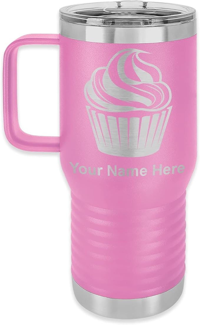 LaserGram 20oz Vacuum Insulated Travel Mug with Handle, Cup Cake, Personalized Engraving Included (Light Purple)