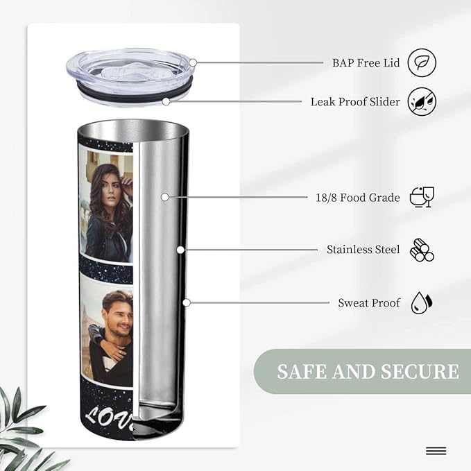 Personalized Custom tumbler Coffee Mug with Lid and Straw Hot and Cold Stainless Steel Vacuum Insulated Travel Mug with Photo Personalized tumbler Gift (20 oz, Cylinder, 4 photos)