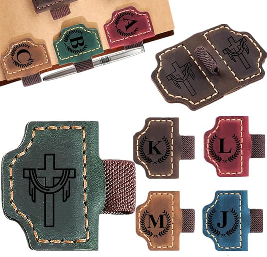 Custom Bookmark with Pen Holder with 26 Letters Personalized Magnetic Leather Book Mark, Customized Name Book Marker Clip with Initial for Men Women, Gifts for Book Lovers, Readers, (Green, Cross-2)