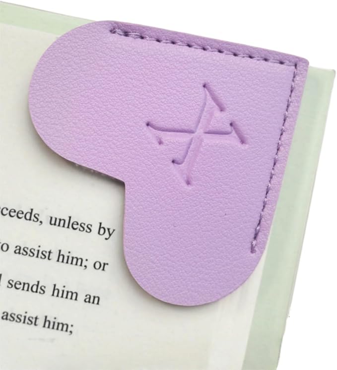 MOTEERLLU Personalized Leather Heart Bookmark with Initials, Handmade, Letter Cute Custom Corner Book Marks for Reading Women, Teachers, Students, Book Lovers, Book Accessories(Purple,X)