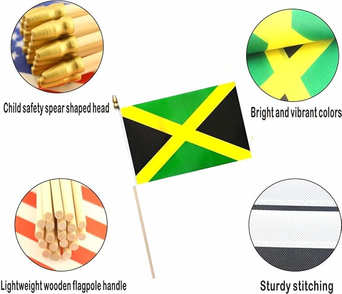 20 Pack Jamaica Flags Jamaican Stick Flag Small Mini Handheld Flags for Decorations,（ 5 × 8inches）, essential for parties and celebrations