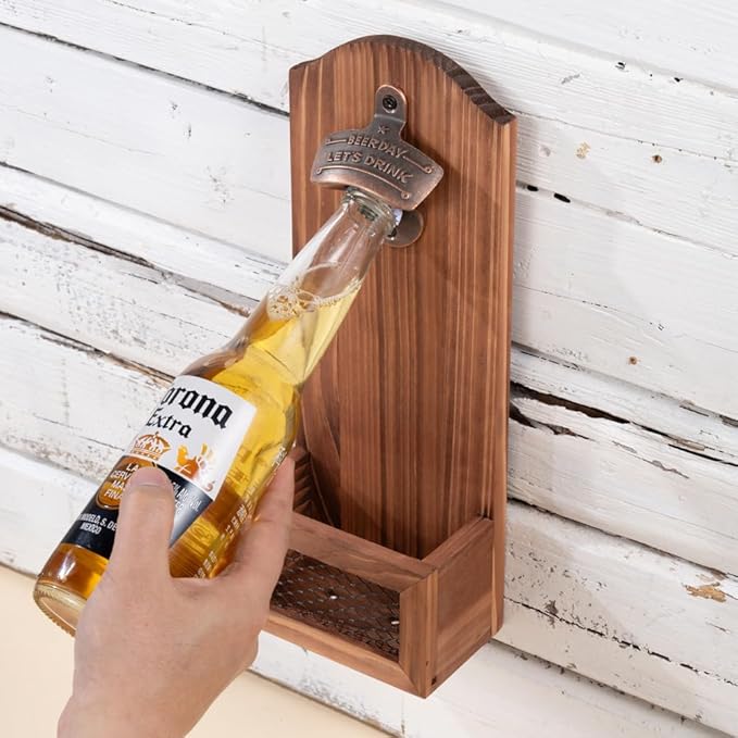 Bottle Opener with Cap Collector Catcher,Vintage Wooden Wall Mounted Bottle Opener，Ideal Gift for Men and Beer Lovers, Use as Bar Decoration (Beer Day)