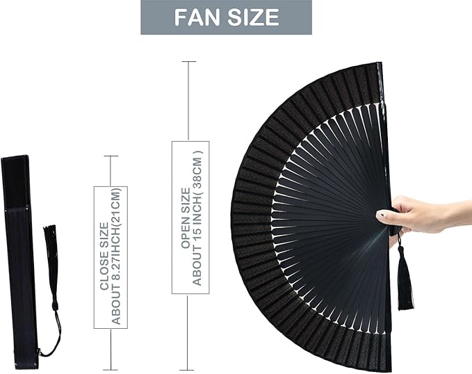 Hand Held Fan for Women Foldable, Chinese Japanese Vintage Bamboo Silk Folding Fans Hand Fan for Dance Music Festival Wedding Church Decoration (Sexy Black - Solid)