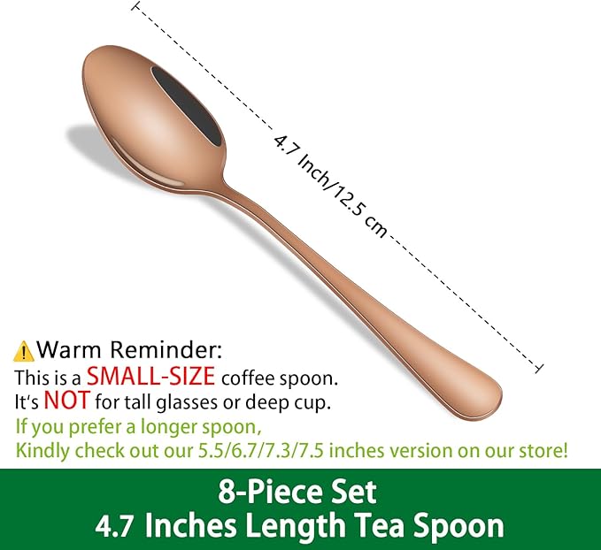 4.7 Inch Coffee Spoon,8 Pieces Rose Gold Stainless Steel Teaspoon Set,Mini Espresso Spoons,Copper Tea Spoon,Copper Seasoning Spoons