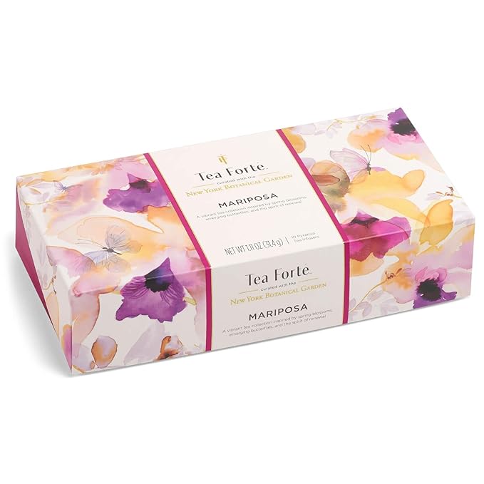 Tea Forte Premium Petite Presentation Box Gift Set Sampler, 10 Count, 2 of Each Blend Individually Wrapped Handcrafted Pyramid Infuser Bags, Mariposa Tea