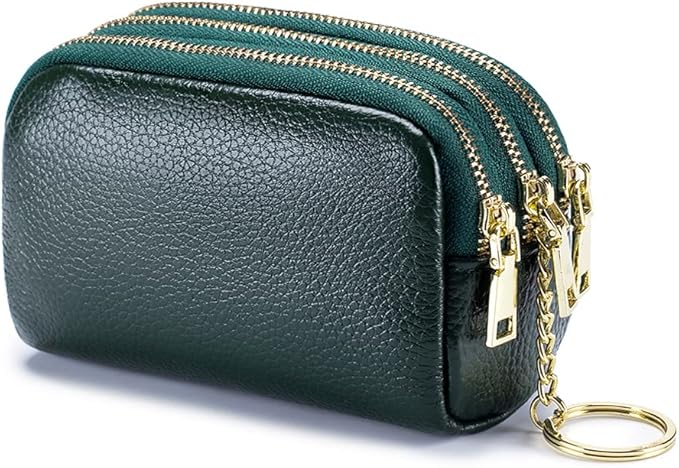 LINNO 3 Zippered Genuine Leather Coin Purse Triple Capacity Change Pouch Little Travel Wallet With Key Ring for Women