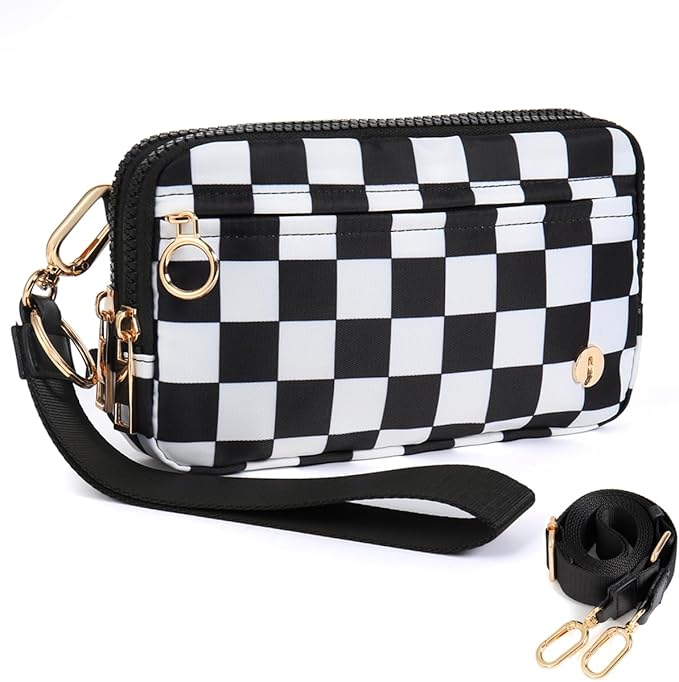 Checkered Wristlet Wallets for Women RFID Blocking Small Zipper Nylon Crossbody Bag for Travel Card Phone Organizer Purse with ID Window and 2 Detachable Straps Black White Checkered
