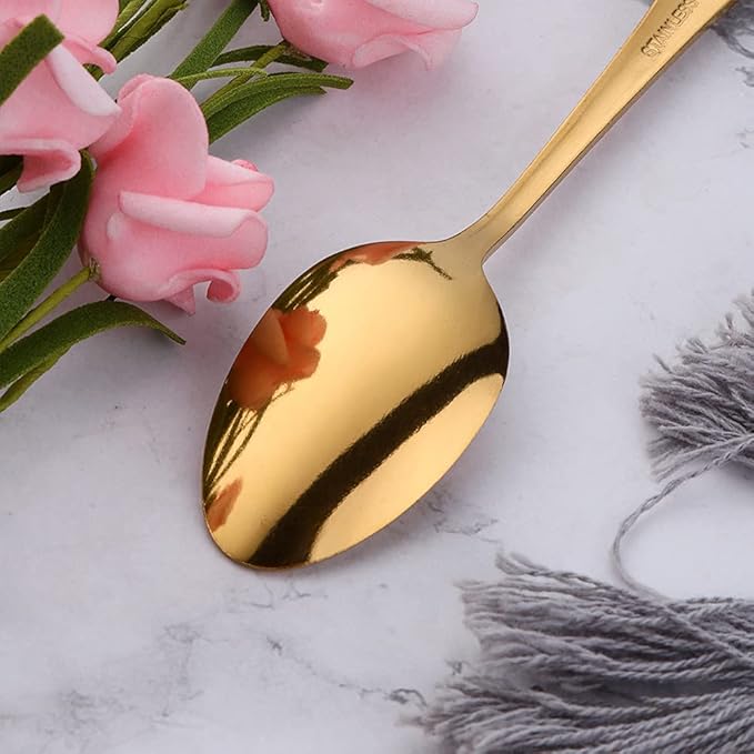 Gold Unique Pattern Design Coffee Espresso Spoons Mini, Mingcheng Stainless Steel Small Teaspoons Silverware Set of 6, BISDARUN 5.5 Inches Food Spoons for Demitasse Dessert Tea