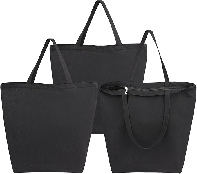 Segarty Canvas Tote, 3 Pack 20x15.7 Black Canvas Shopping Bags for Women, Reusable Natural Cotton Bag Aesthetic with Shoulder Strap, Bulk for DIY, Grocery Shopping, Beach, Travel，Gift