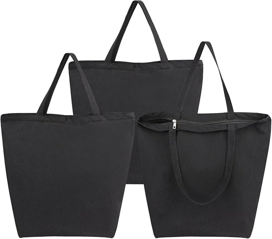 Segarty Canvas Tote, 3 Pack 20x15.7 Black Canvas Shopping Bags for Women, Reusable Natural Cotton Bag Aesthetic with Shoulder Strap, Bulk for DIY, Grocery Shopping, Beach, Travel，Gift