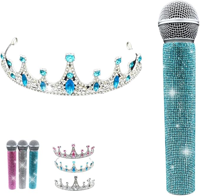 Bling Fake Microphone Prop and Crystal Tiara – Sparkly Rhinestone Toy Mic & Crown Girls Cosplay, Princess Dress Up