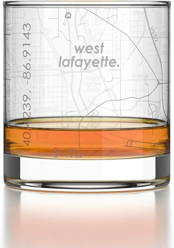 Well Told Engraved West Lafayette Indiana Map Rocks Glass, Old Fashioned Glassware (11 oz, Clear) Etched Bourbon Tumbler, Gifts For Whiskey Lovers