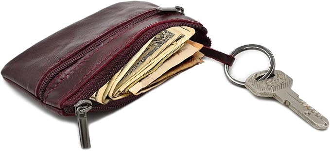 Multi-Functional Genuine Leather Wallet - Wine Red Compact Card Holder with 3 Zippers, Built-in Key Ring & Coin Purse for Travel (purple)