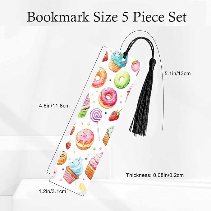 Donuts Bookmarks 5 Pcs Cupcakes Lollipop Strawberry Blueberry Wooden Bookmark with Tassels for Reading Book Lovers Gift Office School Readers Teacher