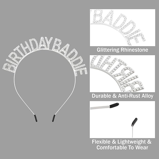 Canitor Birthday Baddie Sash Crown Set Birthday Gifts Party Favors Supplies Decorations & Accessories for Women Girl Adult Outfits Rhinestone Tiara Headband Soft Satin Sash