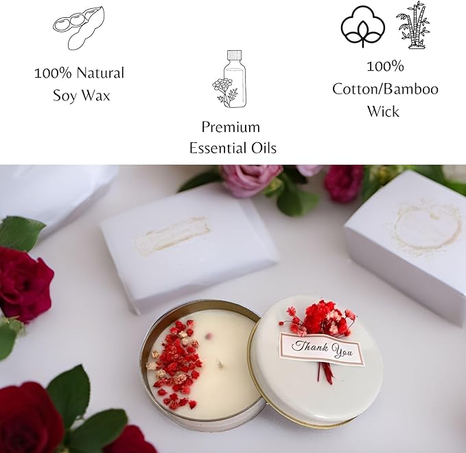 Personalized Natural Soy Wax Wedding Favor Candle Gift Set for Guest - Fall Winter Christmas Custom Dried Flower Bridal Baby Shower Gifts in Bulk (50 Pieces, Pink Flower)