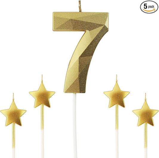 Golden Number 7 & Star 3D Diamond Shaped Birthday Candles - 2.76 inch, Suitable for Parties & Cake Decorations