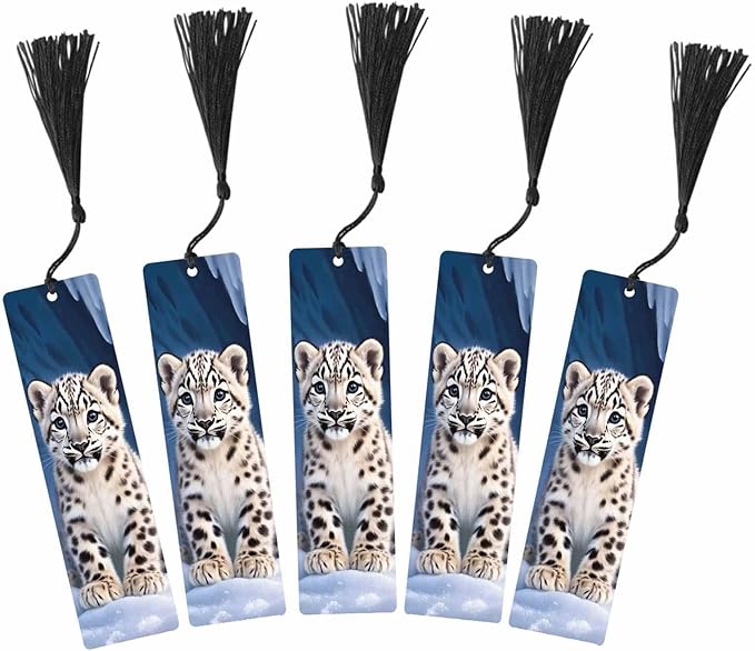 Snow Leopard Bookmarks 5 Pcs Cute Animal Spot Wooden Bookmark with Tassels for Reading Book Lovers Gift Office School Readers Teacher