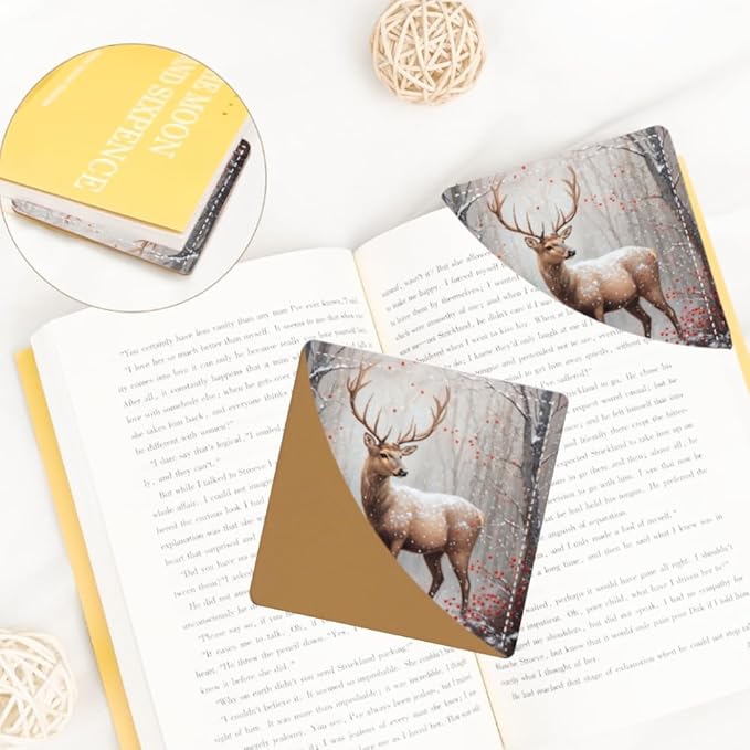 2PCS Leather Bookmarks 3.54 x 3.54 Inch Winter Deer with Red Berries Snow Forest Design Reading Accessories for Books Journals Bibles Travel Diary Students Teachers and Book Lovers Gift