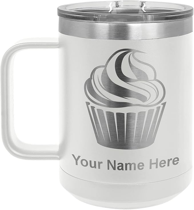 LaserGram 15oz Vacuum Insulated Coffee Mug, Cup Cake, Personalized Engraving Included (White)