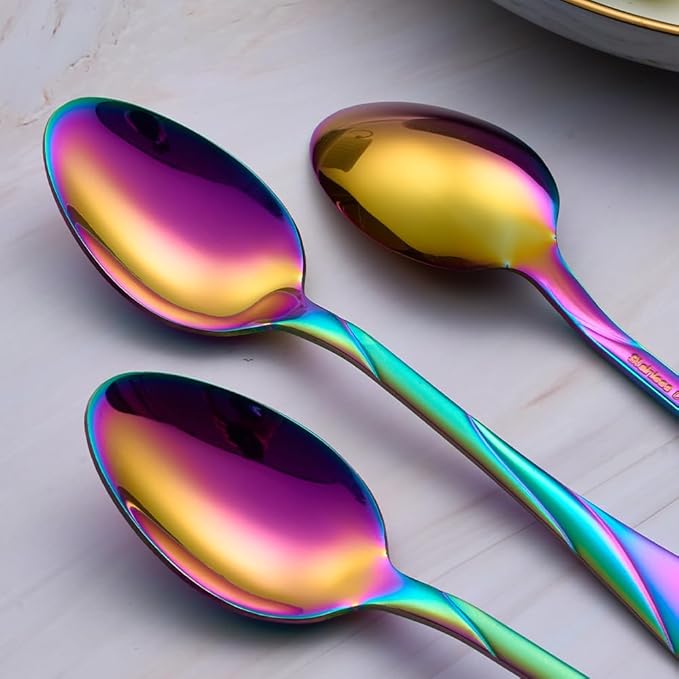 Rainbow Dinner Spoon Set, 7.6-inch Stainless Steel Spoon Silverware, 6-Piece Shiny Rainbow Soup Spoons Table Spoon, Dishwasher Safe, Set of 6