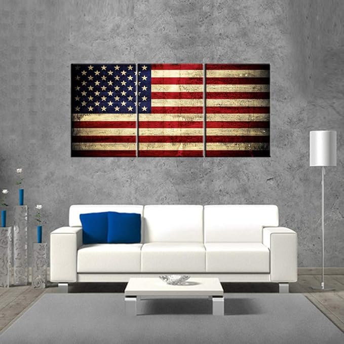 Native American Flag Pictures Star Stripes Paintings Patriotic Artwork Grunge Red Wall Art 3 Panel Prints on Canvas for Living Room Giclee House Decoration Framed Stretched Ready to Hang(60''Wx28''H)