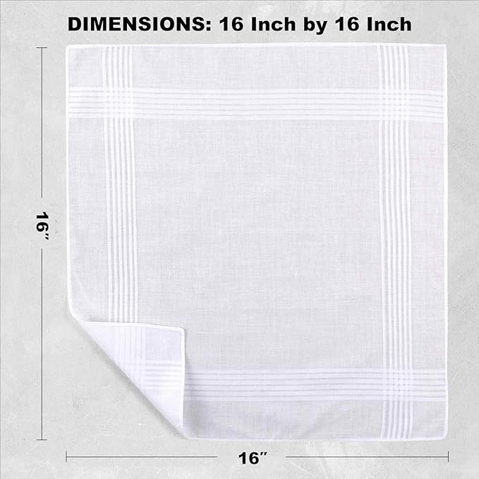 12 Pack Handkerchiefs for men, 100% Soft Cotton 16x16 Inch Men's Handkerchiefs, White Classic Pocket Hankies